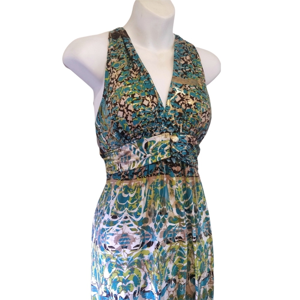 Beautiful sleeveless maxi dress turquoise gold ornate Floral Print